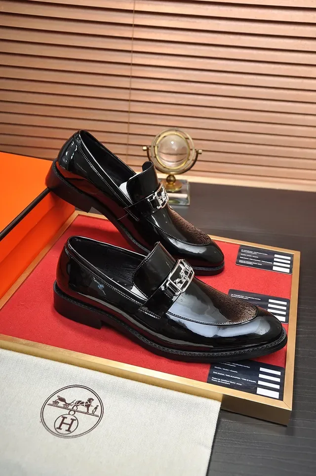 Hermès حذاء مونك جلد لامع أسود ذهبي مع حزام وحبة واحدة 4