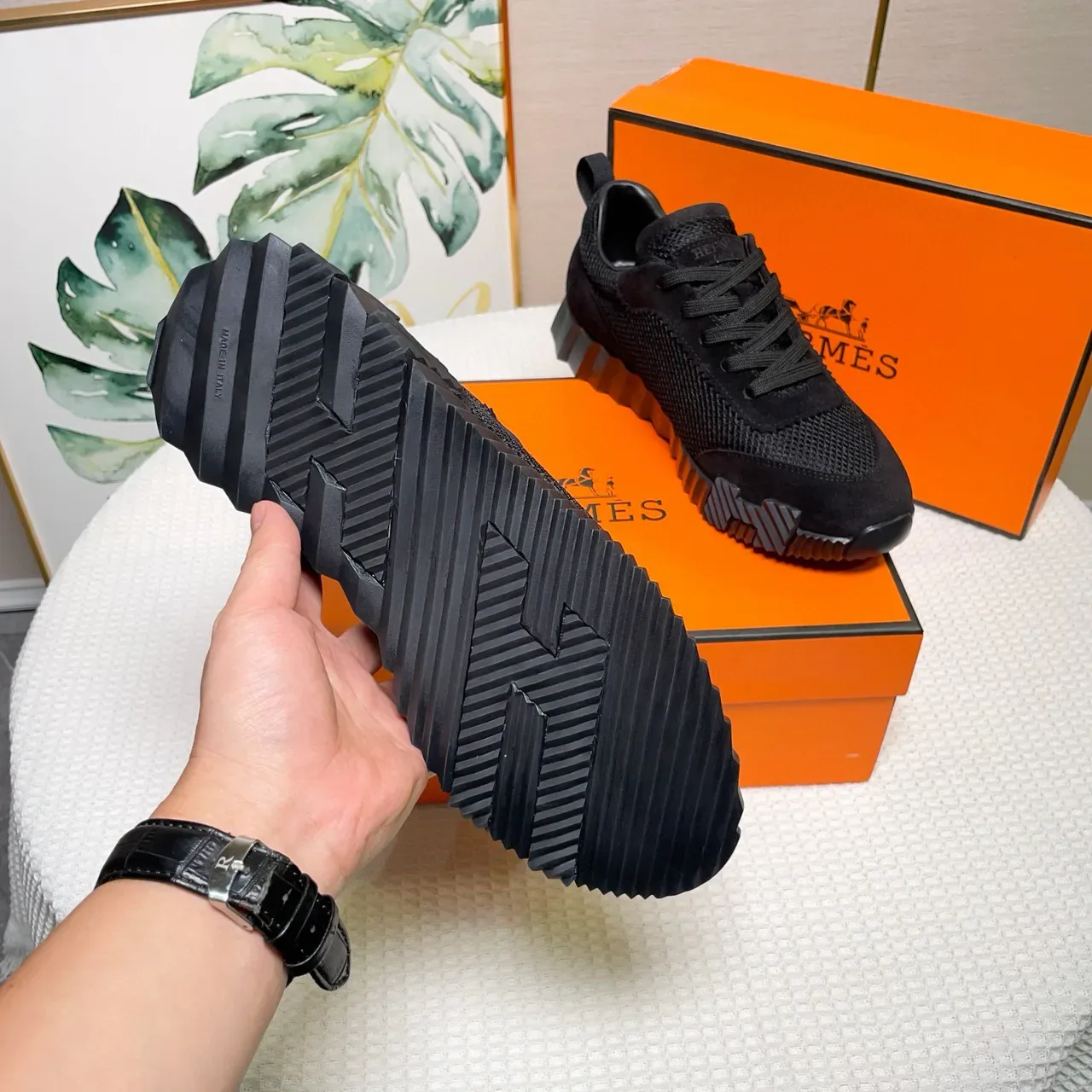 Hermès preto Mesh-Suede híbrido superior estilo de vida sneakers 3