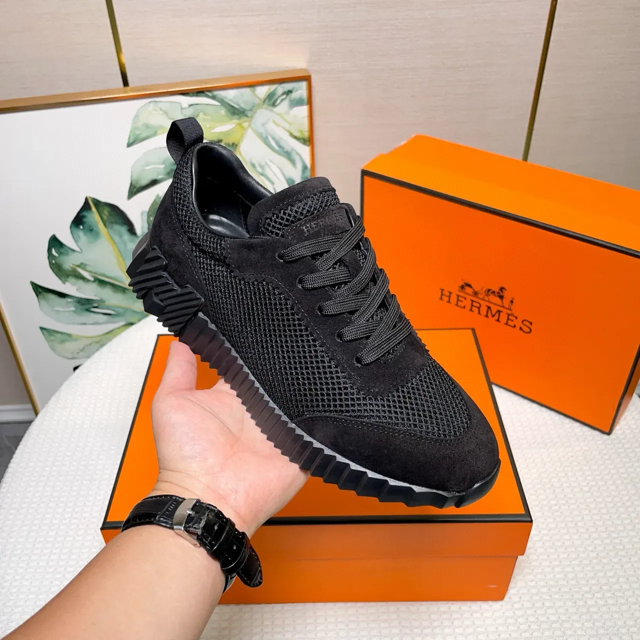 Hermès preto Mesh-Suede híbrido superior estilo de vida sneakers 4