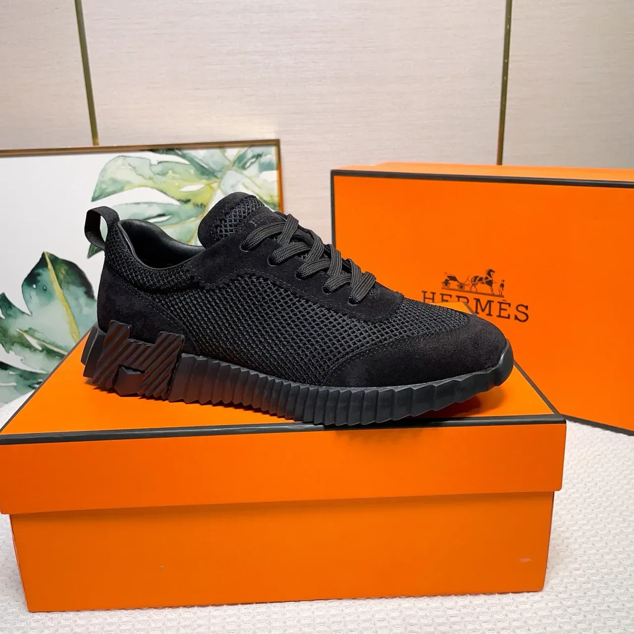 Hermès preto Mesh-Suede híbrido superior estilo de vida sneakers 5