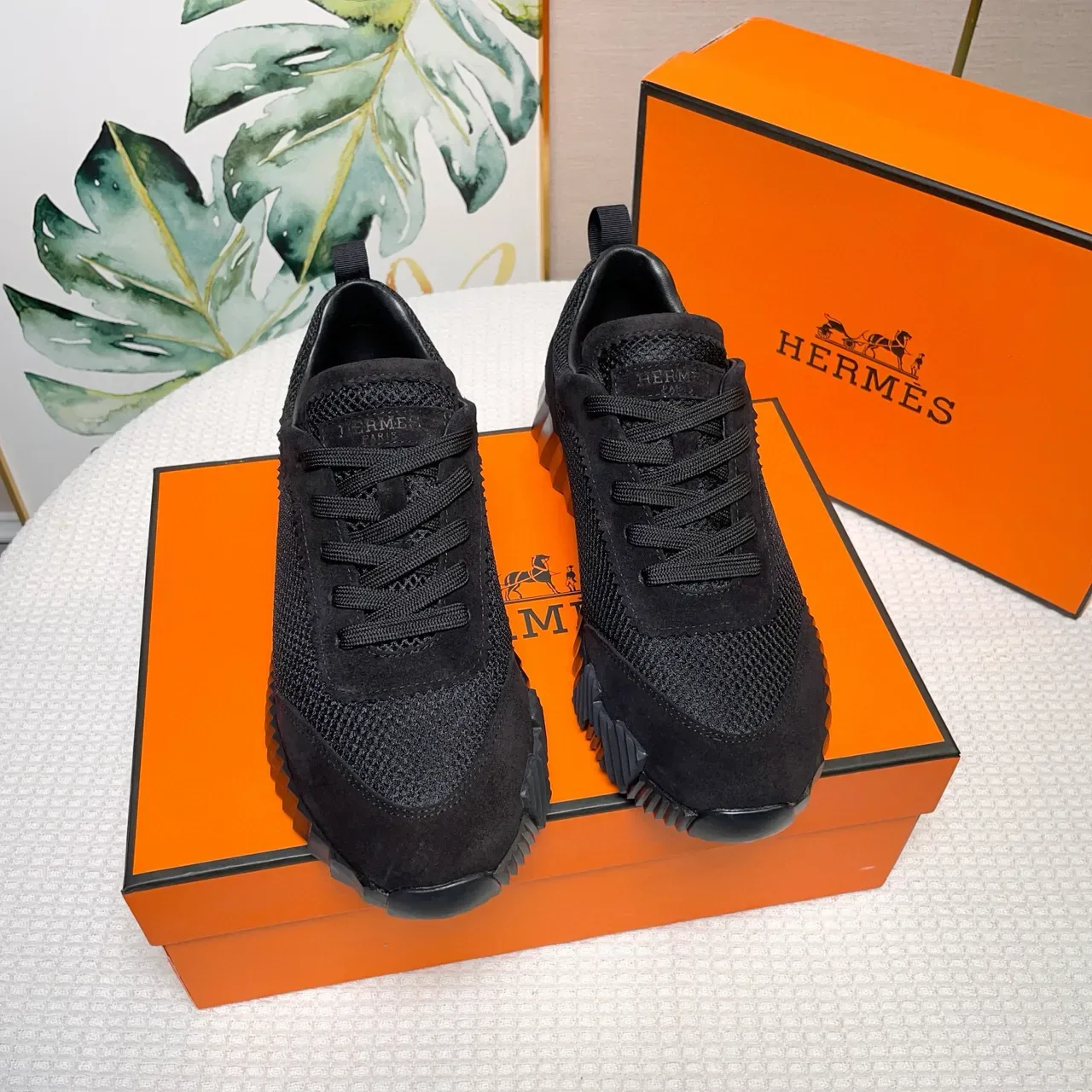 Hermès preto Mesh-Suede híbrido superior estilo de vida sneakers 6