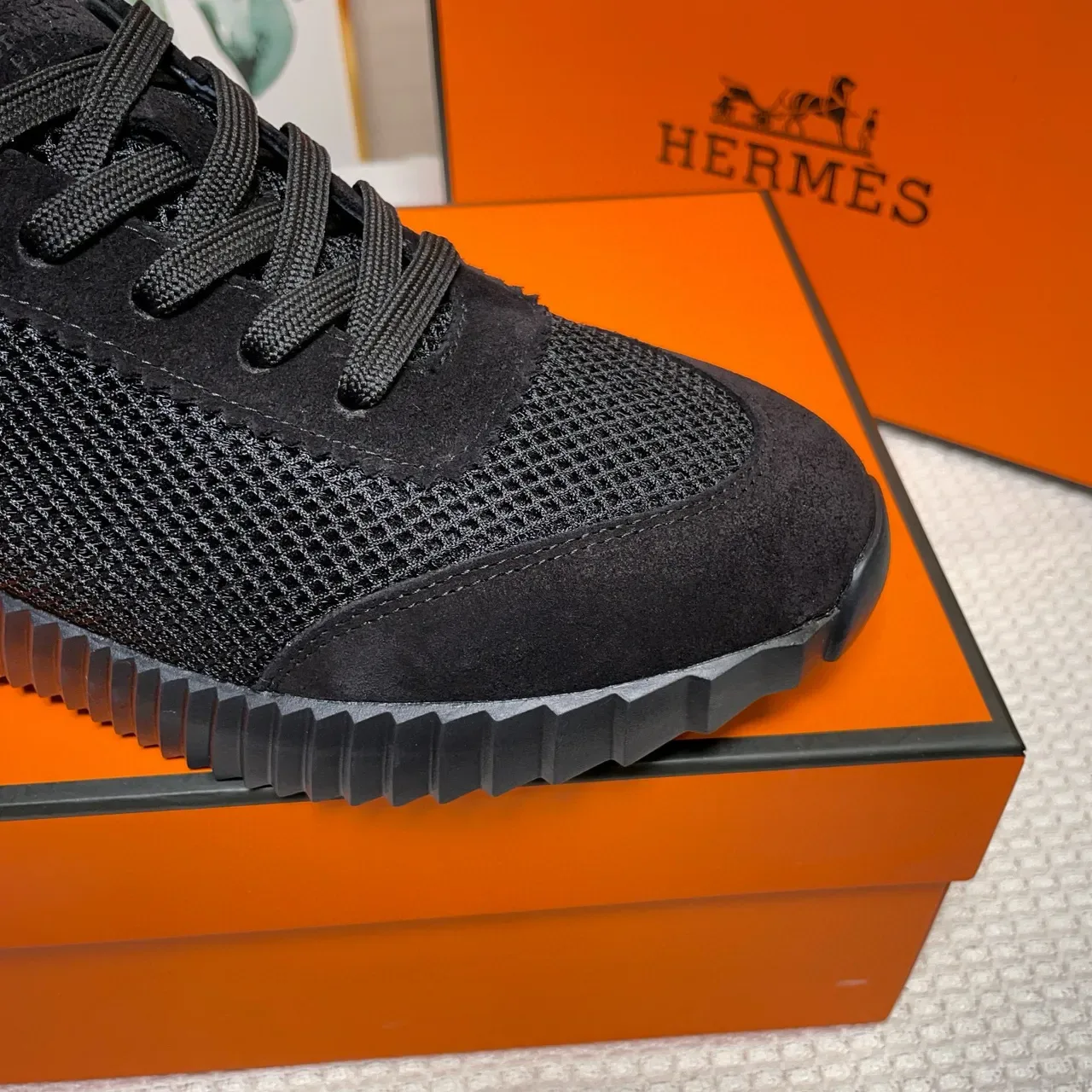 Hermès preto Mesh-Suede híbrido superior estilo de vida sneakers 7