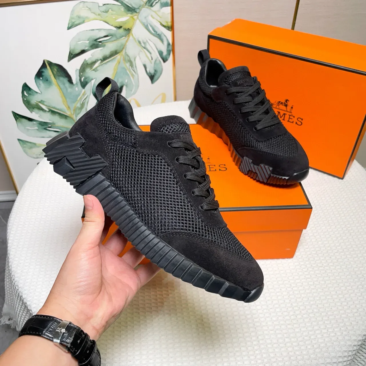 Hermès preto Mesh-Suede híbrido superior estilo de vida sneakers 8