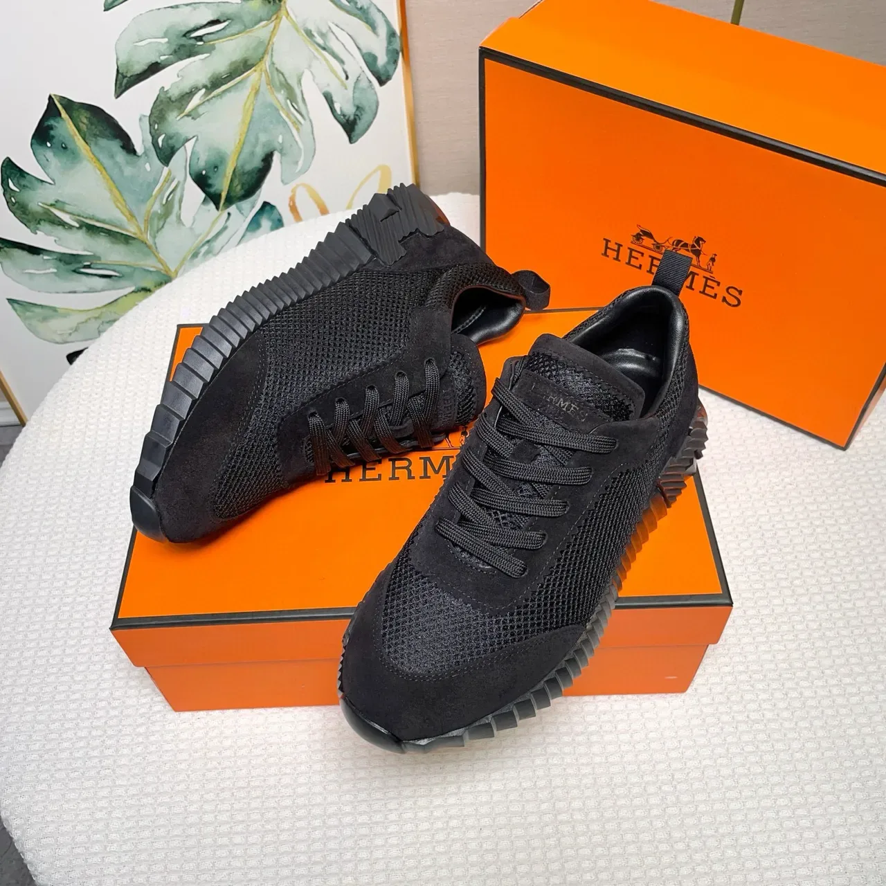 Hermès preto Mesh-Suede híbrido superior estilo de vida sneakers 9
