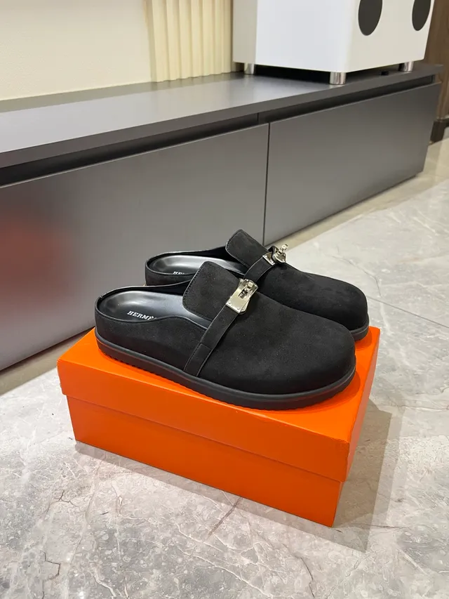 Hermès Black Silver Leather Upper Metal H-Buckle Strap Loafer 12