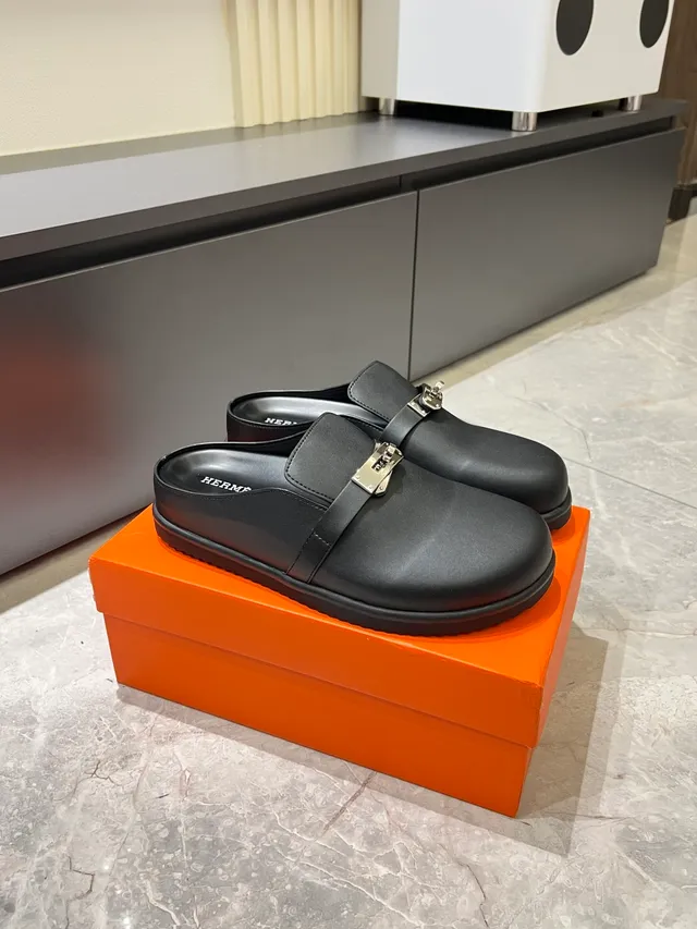 Hermès Black Silver Leather Upper Metal H-Buckle Strap Loafer 14