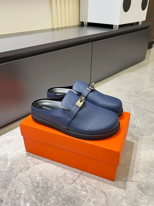 Hermès Black Silver Leather Upper Metal H-Buckle Strap Loafer 16