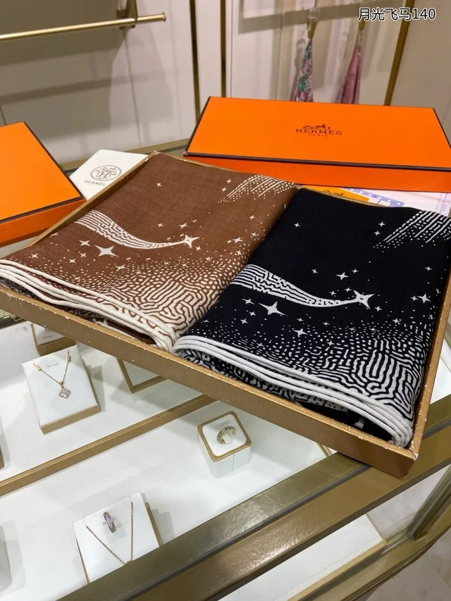 Hermès Black White Base Star Motifs Silk Scarf 3