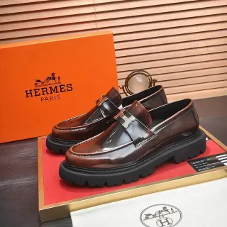 Hermès 棕黑抛光皮革 H-Buckle 扣带 乐福鞋