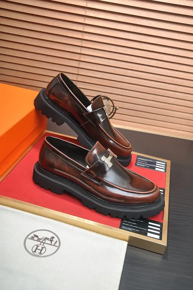 Hermès Brown Black Polished Leather H-Buckle Strap Loafer 4