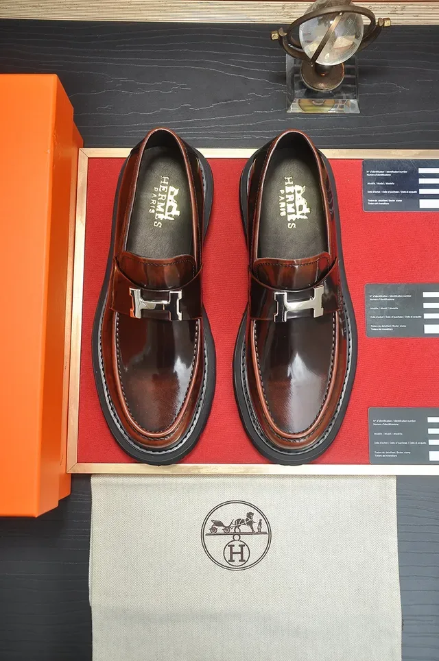 Hermès Brown Black Polished Leather H-Buckle Strap Loafer 5
