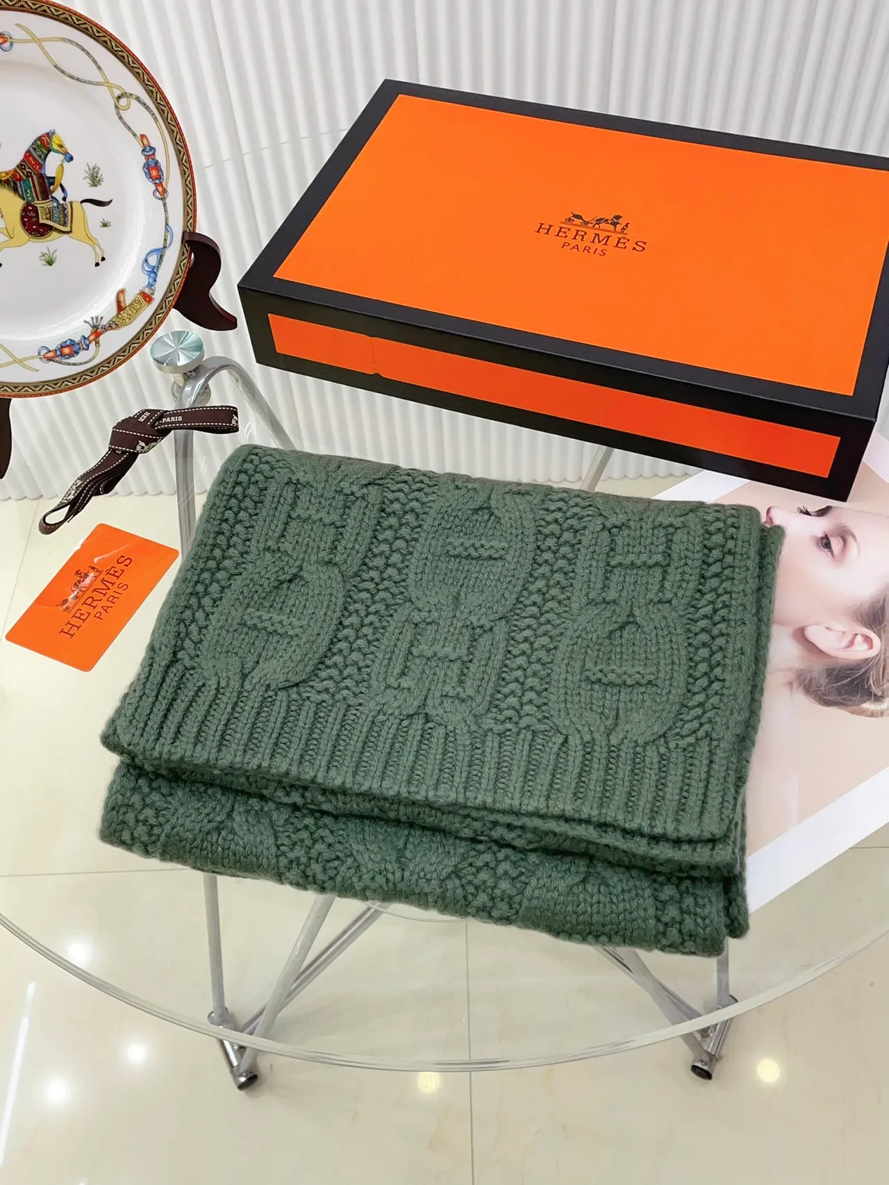 Hermès Chaine d'Ancre Cachecol de cashmere verde do exército 6