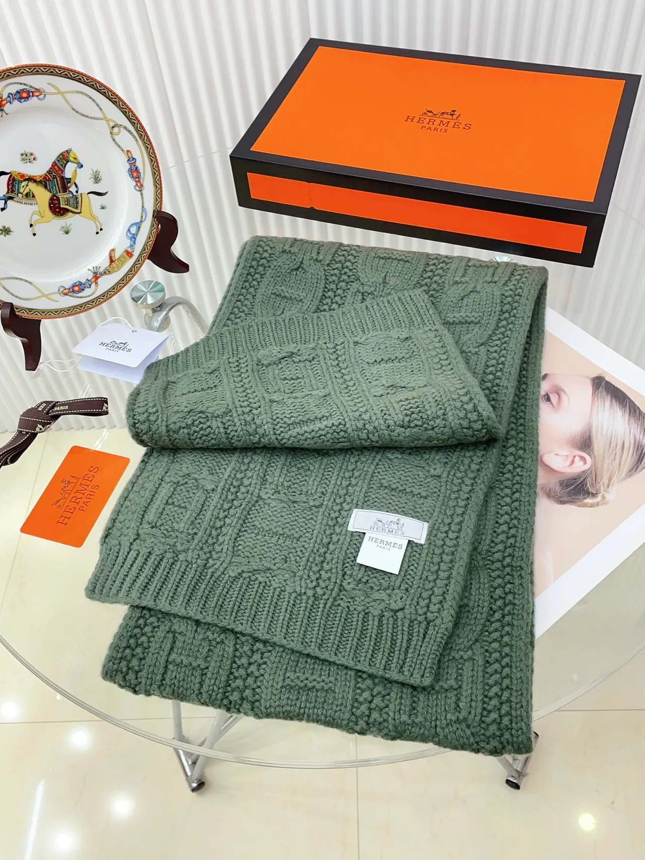 Hermès Chaine d'Ancre Cachecol de cashmere verde do exército 7