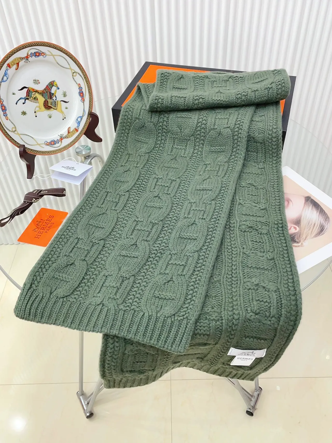 Hermès Chaine d'Ancre Cachecol de cashmere verde do exército 8