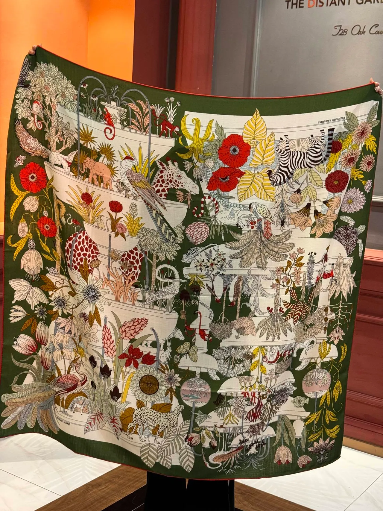 Hermès हरा लाल चित्रात्मक जीवविज्ञानी वनस्पतीय प्रिंट बहुस्तरीय उद्यान प्रतीक रेशम स्कार्फ 9