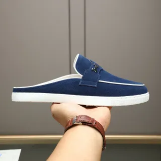 Hermès H-Buckle 穆勒 海军麂皮 白色鞋底 乐福鞋