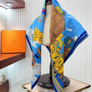 Hermès Paysage urbain illustré écharpe de soie bleue