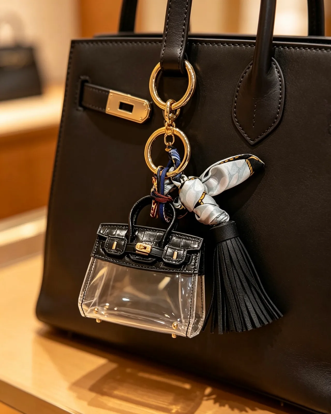 Hermès Mini Birkin Sac Tote en PVC Noir Croc-Embossé et Transparente 7