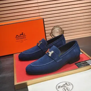 Hermès 海军蓝黑色麂皮鞋面 H扣带 乐福鞋