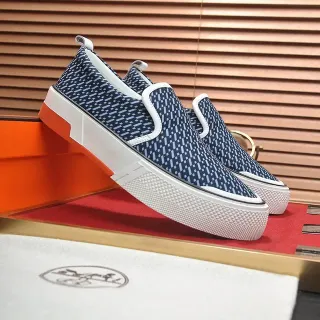 Hermès Navy White Slip-On Patterned Knit Upper Sneakers