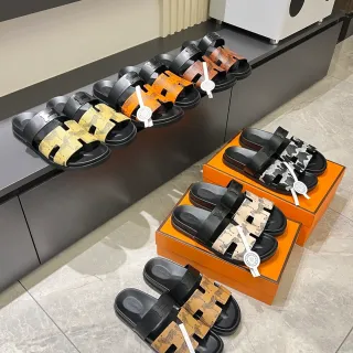 Hermès Oran 黑色米色 双带 H形五金 凉鞋