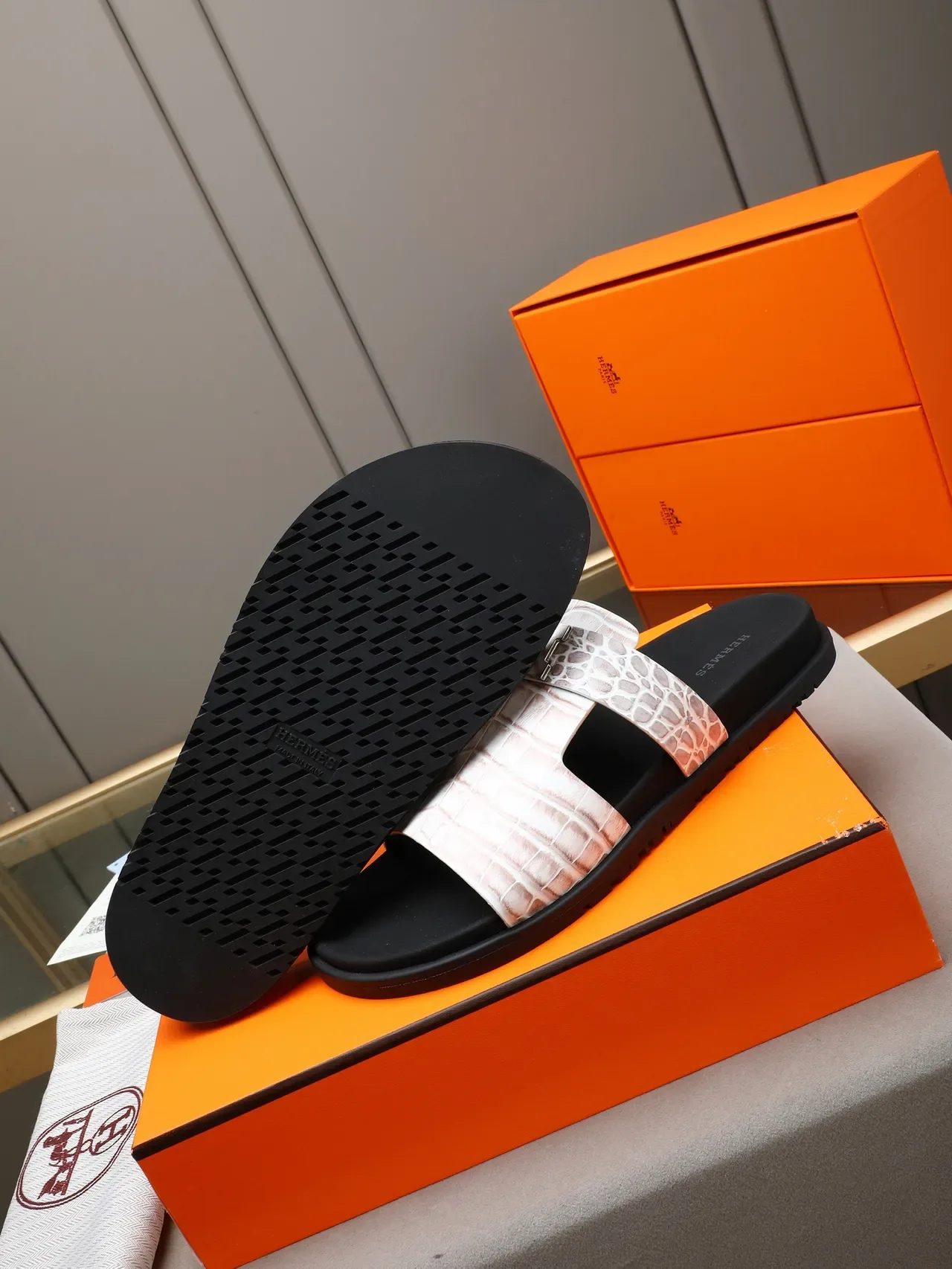 Hermès Oran Black Silver Double-Strap Slide H-Buckle Hardware Slippers 4