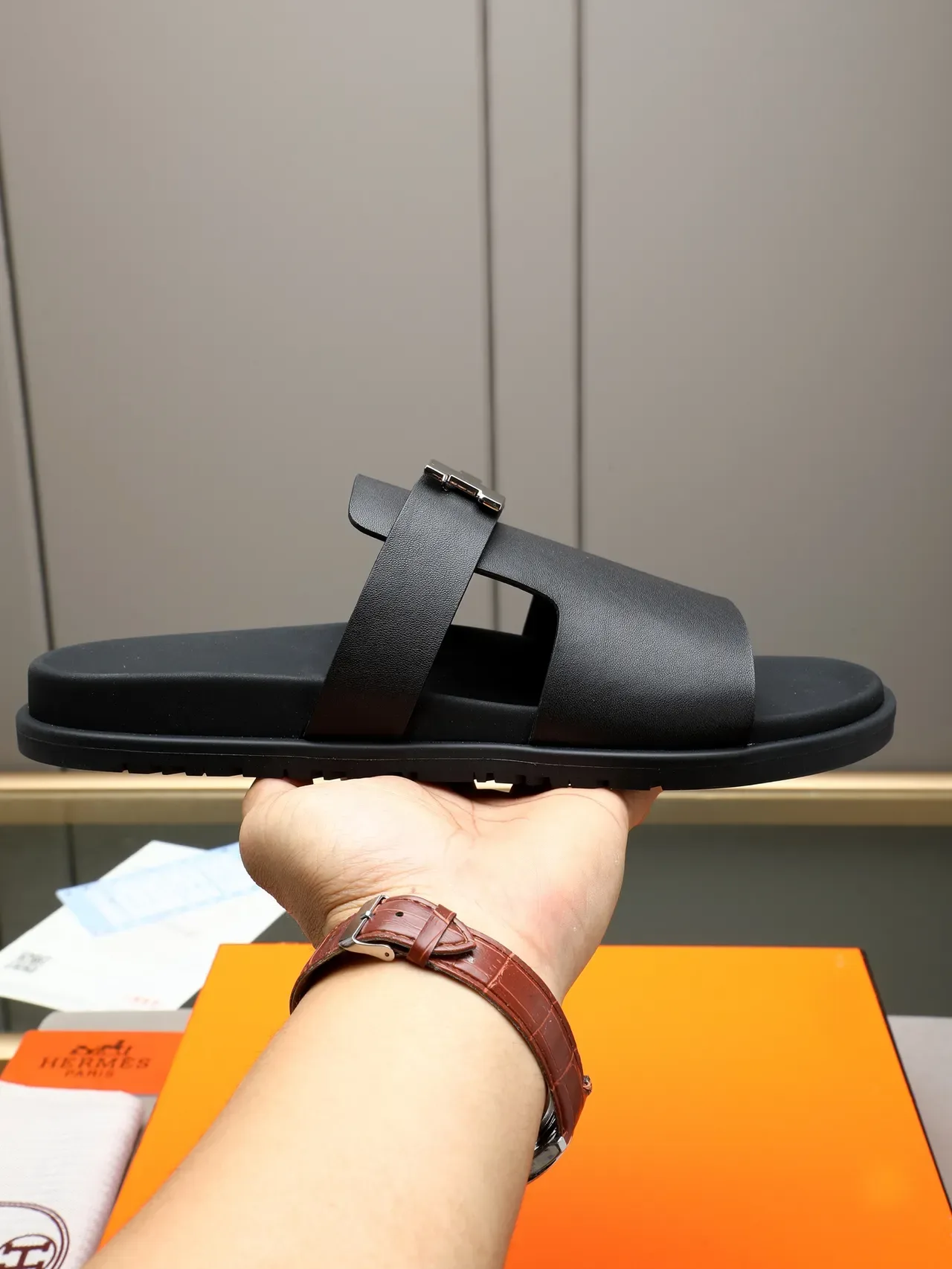 Hermès Oran Black Silver Double-Strap Slide H-Buckle Hardware Slippers 18