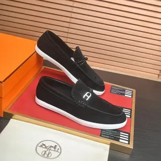 Hermès Oran 黑白麂皮鞋面橡胶底乐福鞋