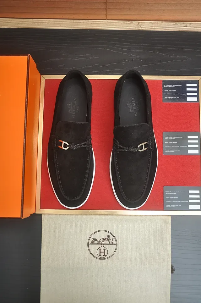 Hermès Oran Black White Suede Upper Rubber Sole Loafer 5