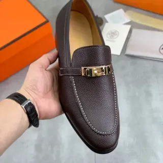 Hermès Oran 棕色 金色 粒面皮革 H扣 硬件 乐福鞋