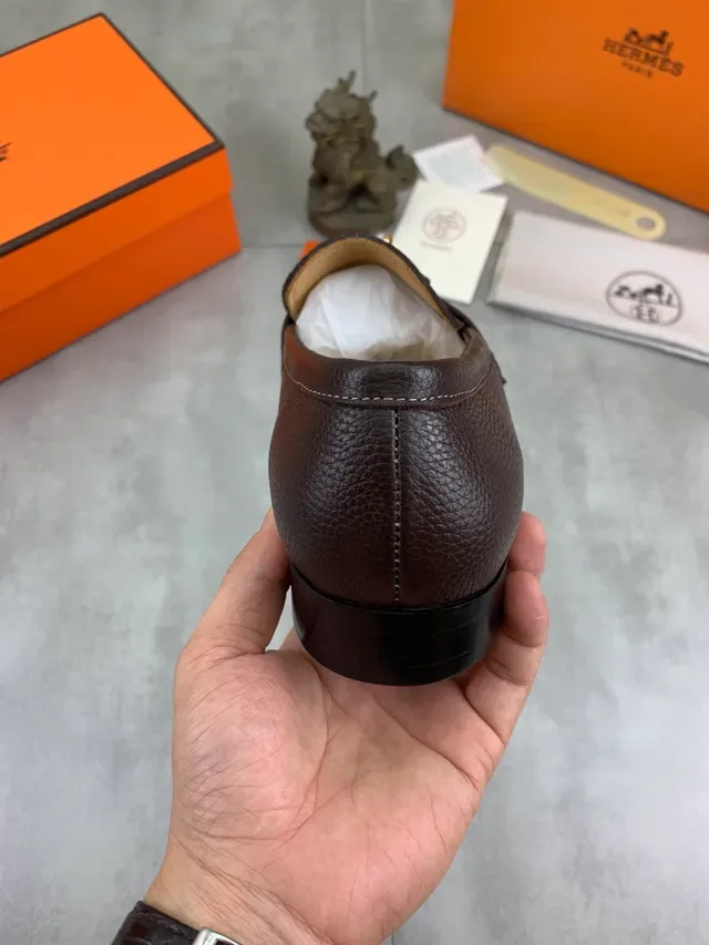 Hermès Oran Brown Gold Pebbled Leather H-Buckle Hardware Loafer 3