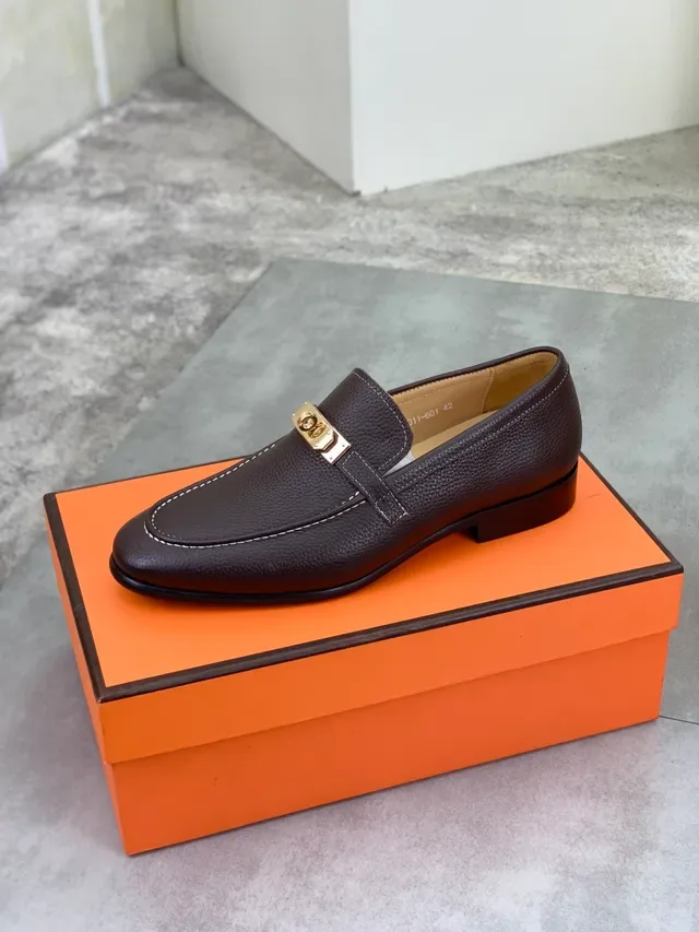 Hermès Oran Brown Gold Pebbled Leather H-Buckle Hardware Loafer 4