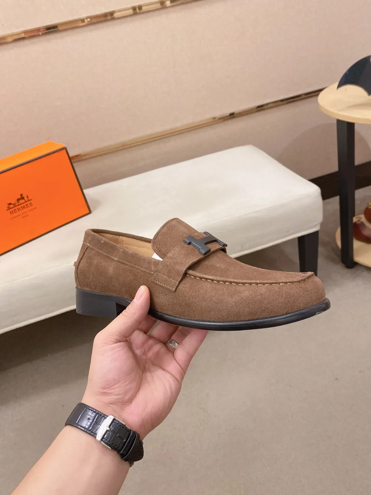 Hermès Oran Loafer Brown Suede H-Buckle Loafers 4