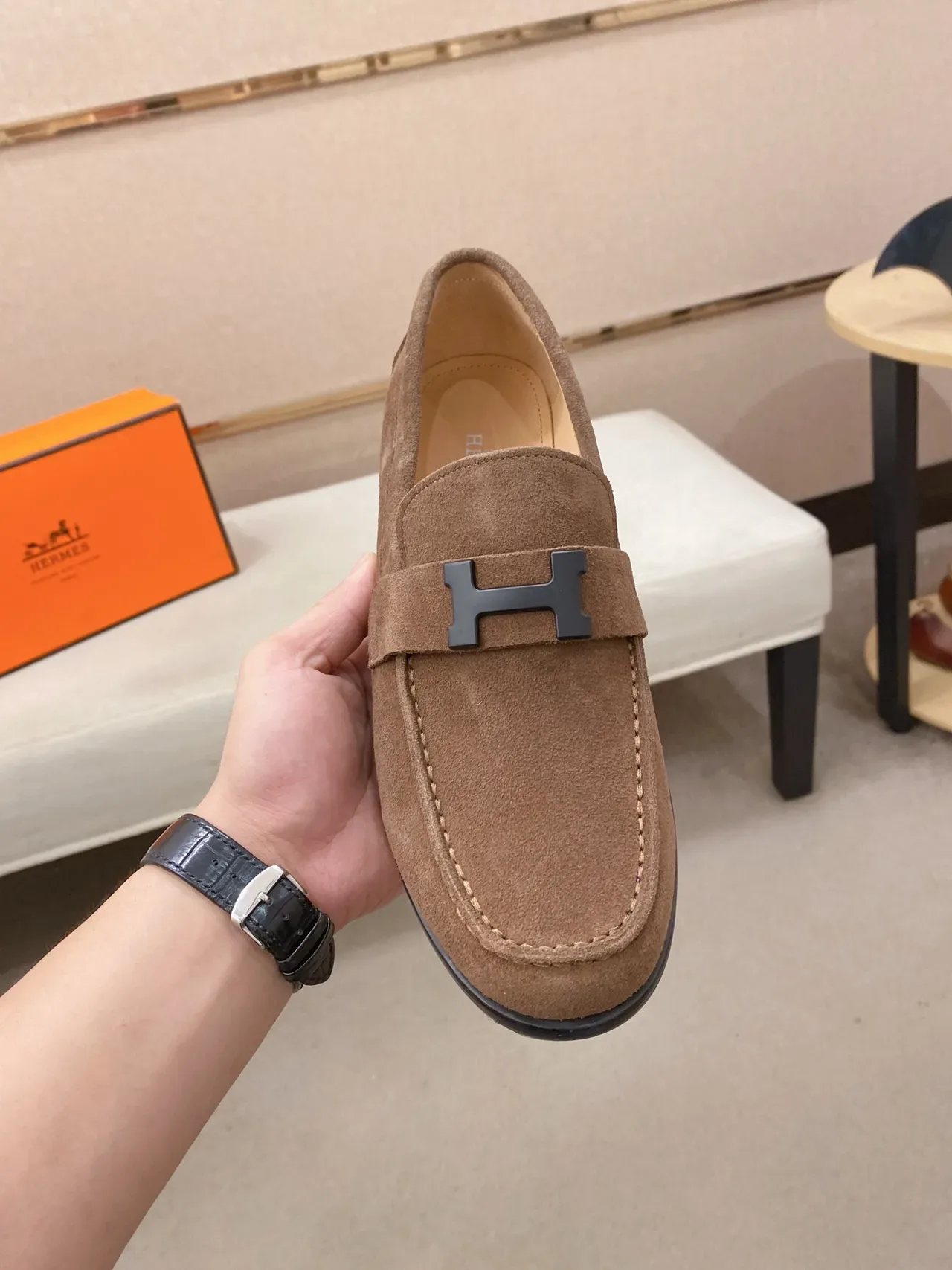 Hermès Oran Loafer Brown Suede H-Buckle Loafers 5