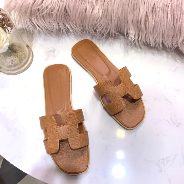 Hermès Oran Tan Textured Leather H-Strap Flat Slippers 3