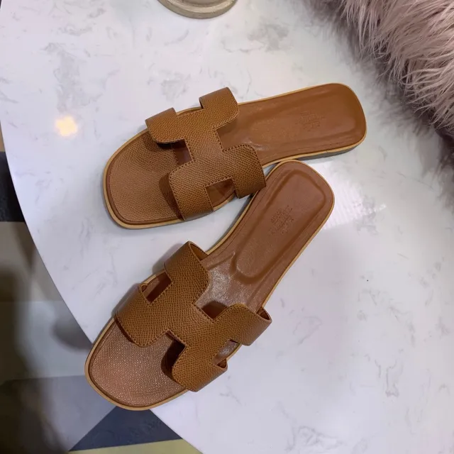 Hermès Oran Tan Textured Leather H-Strap Flat Slippers 5
