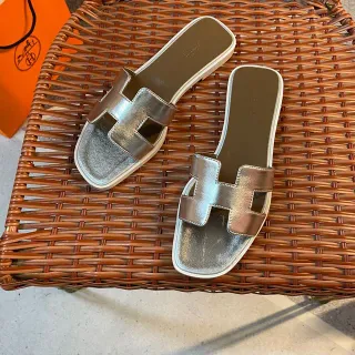 Hermès Silver Beige Metallic H-Strap Square Toe mules