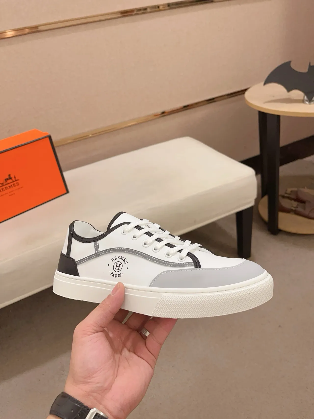 Hermès White Gray Leather-Paneled Low-Top Lifestyle Sneakers 4