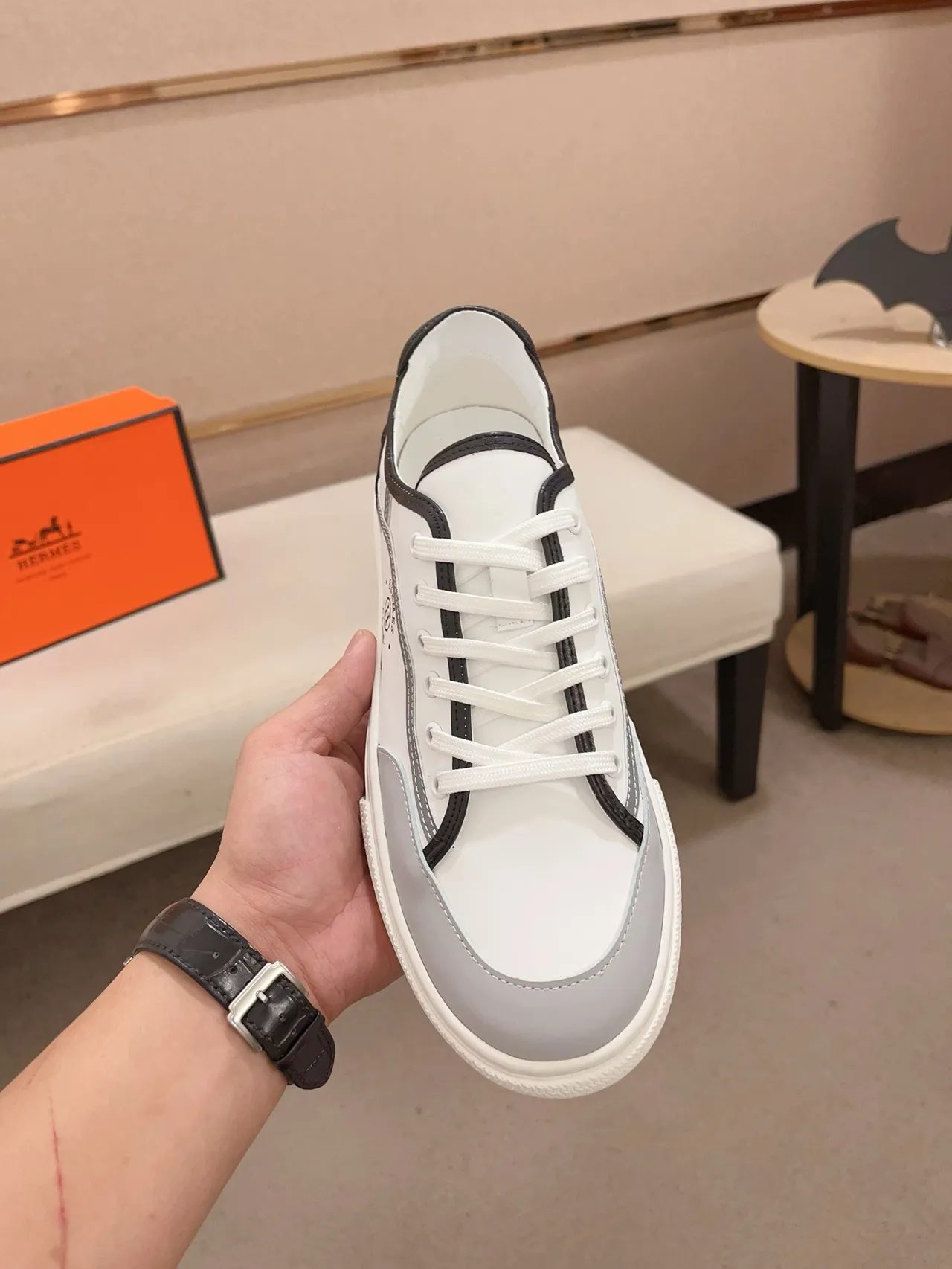 Hermès White Gray Leather-Paneled Low-Top Lifestyle Sneakers 5
