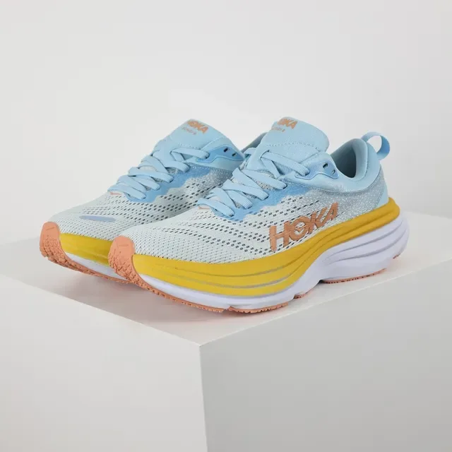 Hoka Blue Yellow Engineered Mesh Upper Stacked Midsole Running Shoes 2