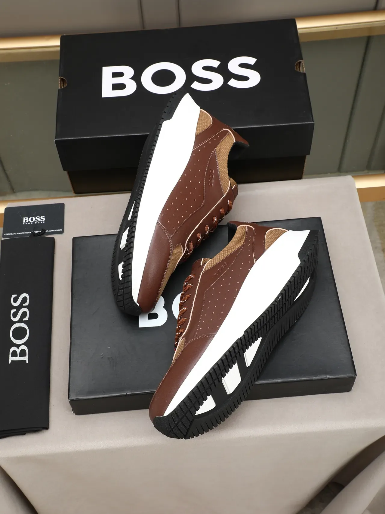Hugo Boss Brown and Tan Perforated Leather Lifestyle Sneaker 5