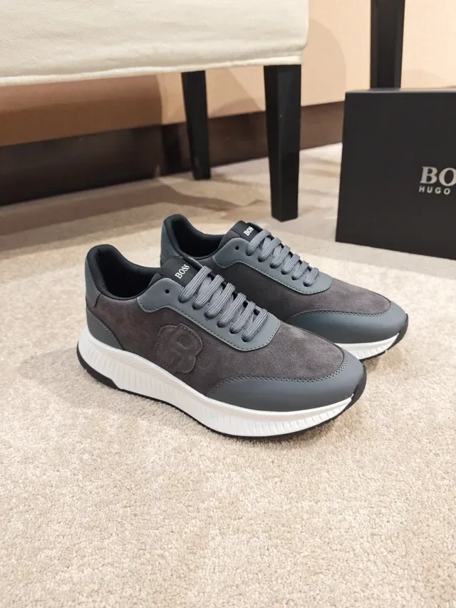 Hugo Boss Cinza Branco Camurça e Couro Superior Embossed Monogram Logo Lifestyle Sneakers 4