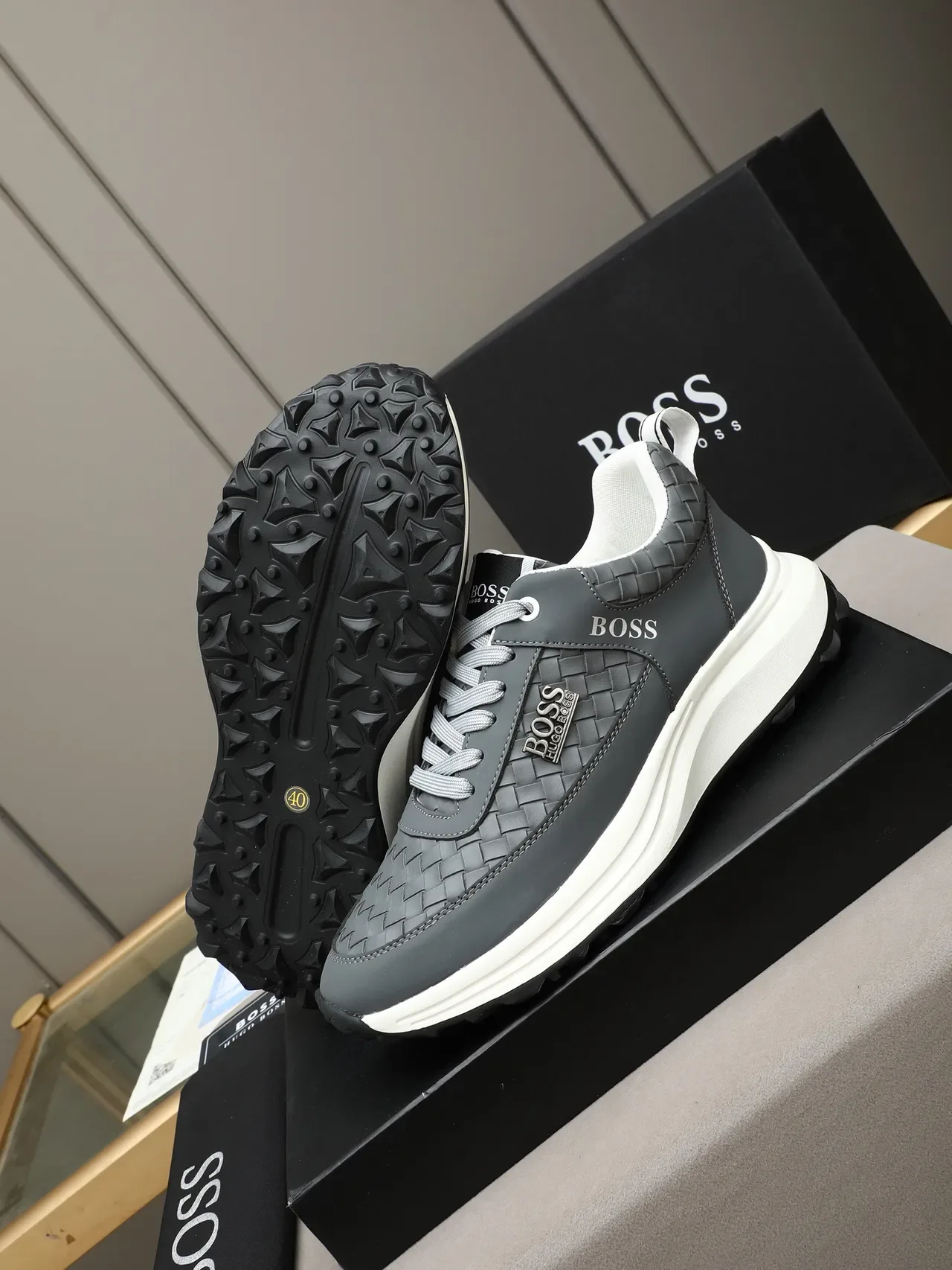 Hugo Boss ग्रे बुना चमड़ा लाइफस्टाइल स्नीकर्स 4