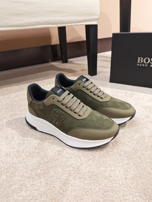 Hugo Boss 橄榄绿麂皮和皮革低帮生活方式运动鞋 4