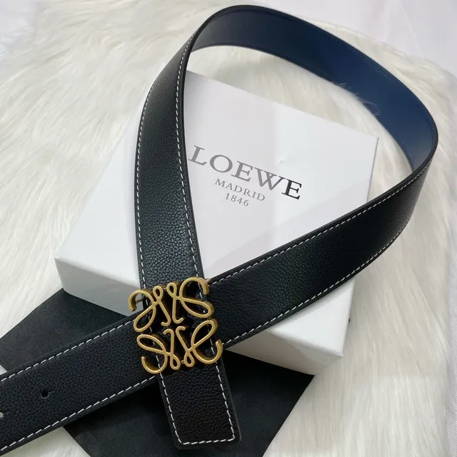 Loewe Anagram Noir Marine Reversible Texturé Boucle Or Ceinture Cuir 2
