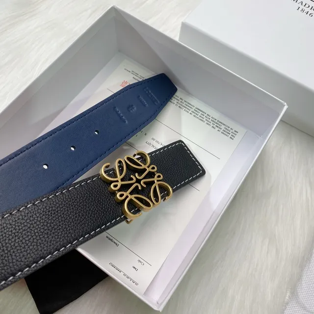 Loewe Anagram Noir Marine Reversible Texturé Boucle Or Ceinture Cuir 3