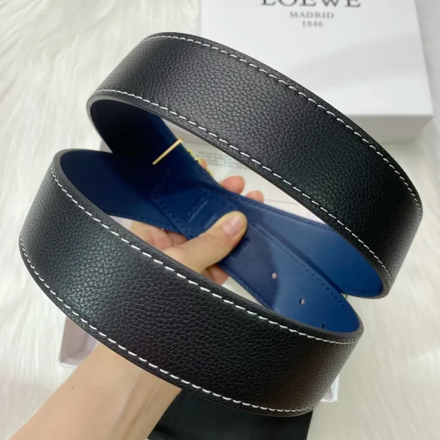 Loewe Anagram Noir Marine Reversible Texturé Boucle Or Ceinture Cuir 4