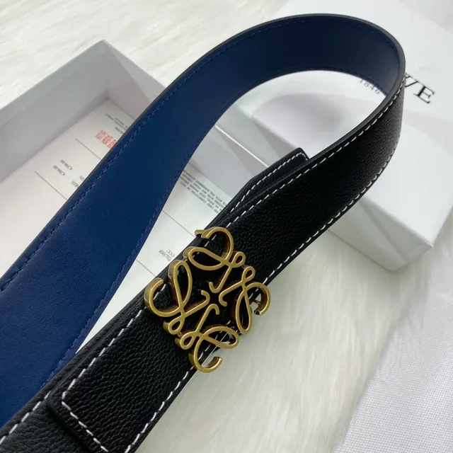 Loewe Anagram Noir Marine Reversible Texturé Boucle Or Ceinture Cuir 5