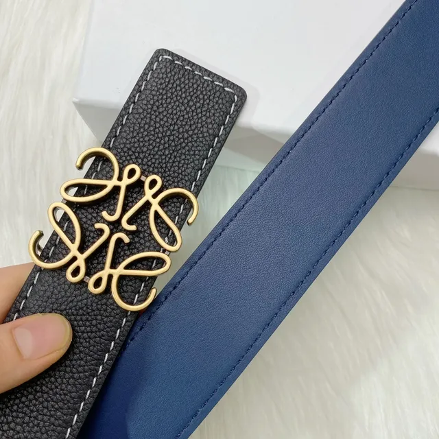 Loewe Anagram Noir Marine Reversible Texturé Boucle Or Ceinture Cuir 6