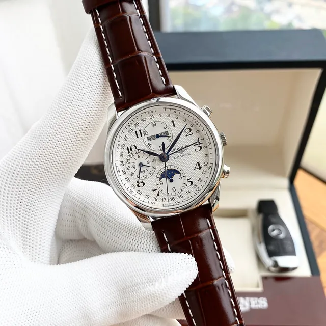 Longines Master Collection Chronograph Moonphase White Dial Black Leather Mechanical Watch 9